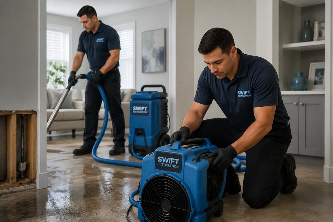 Swift Restoration technicians in branded polos setting up air movers to dry a water-damaged home