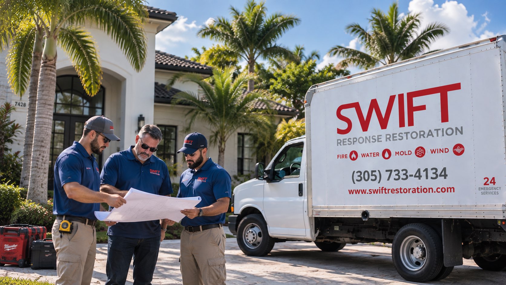 Swift Response Restoration crew reviewing plans beside their box truck outside a Miami home