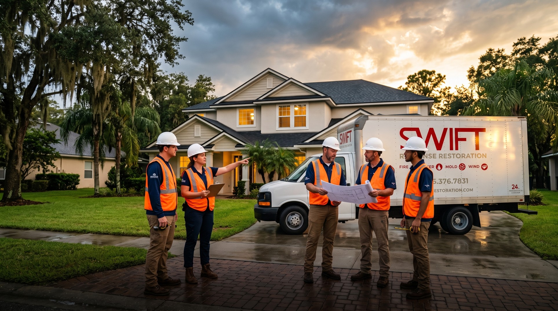 Restoration crew responding to property damage