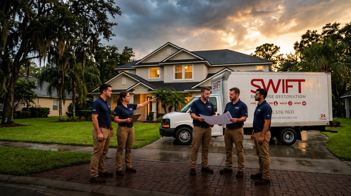 Swift Restoration crew in branded polos reviewing plans by their response truck outside a Florida home